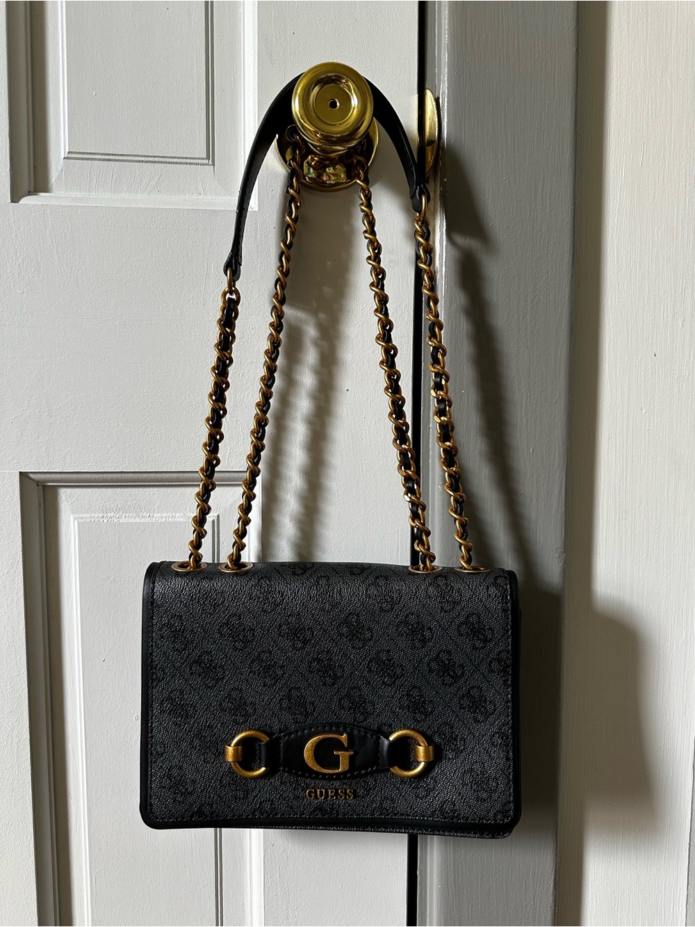 Guess Black Monogram Chain-Detail Shoulder Bag